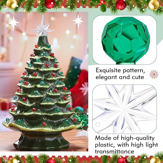 Boao 100 Pcs Ceramic Christmas Tree Bulbs with 5 Pcs Star Topper Light Ornaments Round and Heptagram Christmas Replacement Lights Bulbs for Village Xmas Tree Topper Decorations(Red and Green)