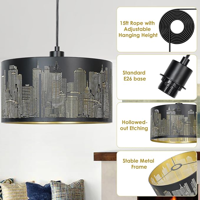 Plug in Pendant Light,Hollowed-Out City Hanging Lamp with 14Ft Plug in Cord, Rustic Farmhouse Pendant Lights for Kitchen Dining Room Bedroom Entryway, with 3-Way Dimmable Bulb (City)