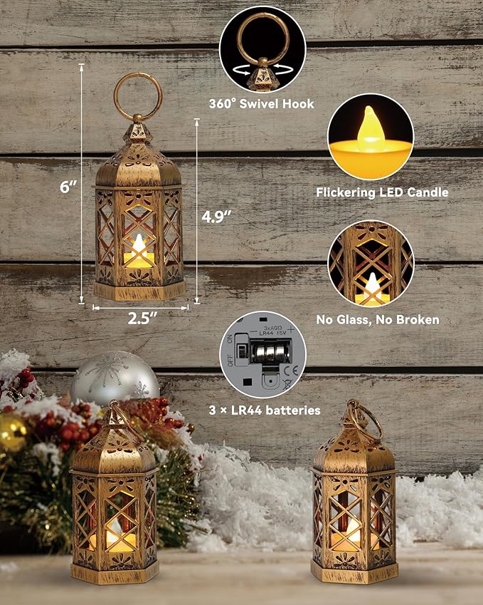 12-Pack Mini Lanterns for Ramadan, Small Decorative Lanterns with Flickering LED Candles for Wedding & Festivals, Hanging Moroccan Lantern for Table Centerpiece, Baby Shower Decor, Bronze