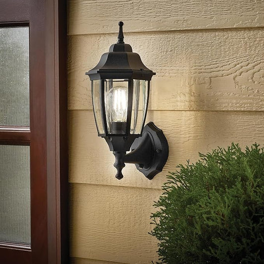 Photocell-Controlled Outdoor Wall Light – Die-Cast Aluminum & Glass Water-Resistant Exterior Fixture, Wet Location Rated, E26 Base (60W Max) for Porch, Garage, Garden（Black）