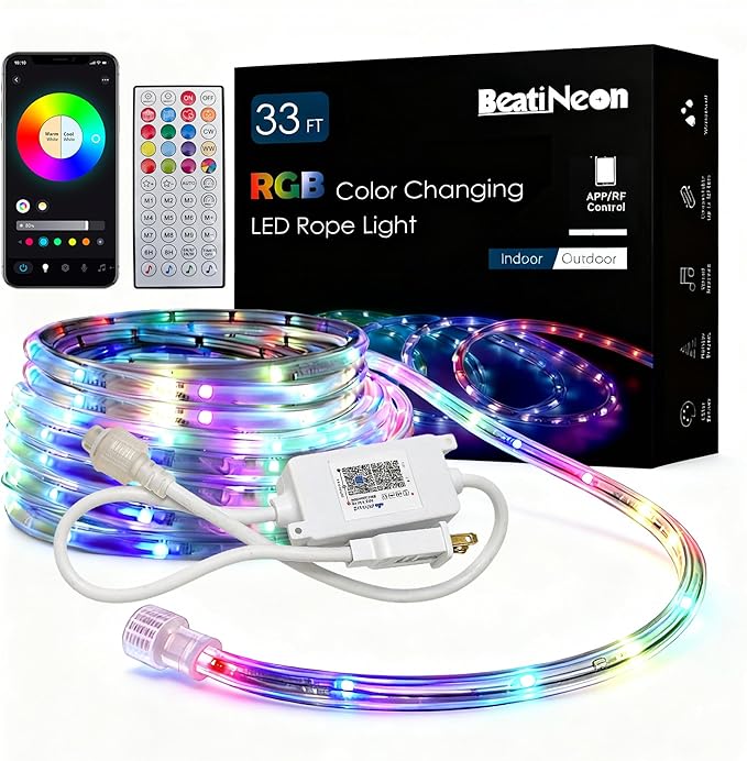 RGB Smart IC Strip Lights with APP Control, 33FT RGB+IC LED Color Changing Rope Lights Outdoor, Waterproof Neon LED Music Sync Flexible Tube Light for Bedroom Living Room Patio Christmas Hoilday