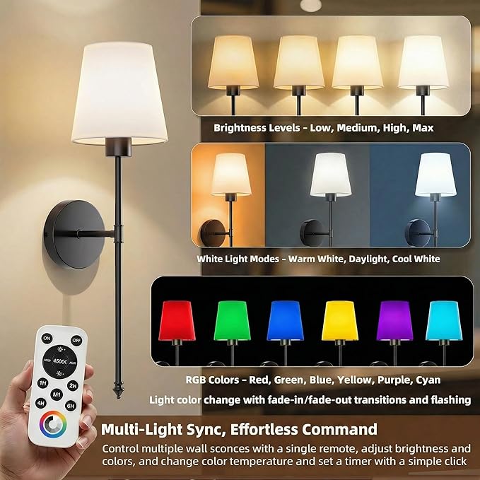 Wall Sconces Battery Operated Set of 2, Rechargeable Wall Sconce, 10 Colors Wireless Wall Sconces Set of Two, 5200mAh Dimmable Bulbs and Remote, for Bedroom Living Room, Hallway Decor (Black- 24 inch)