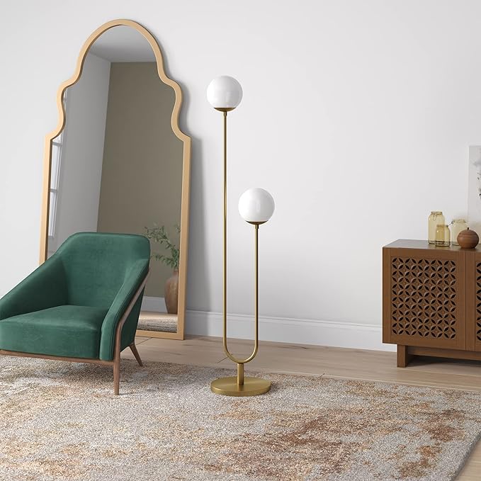 Henn&Hart 68.5" Mid-Century Modern 2-Light Floor Lamp with White Milk Glass Globe Shade for Living Room, Bedroom, or Office, Gold