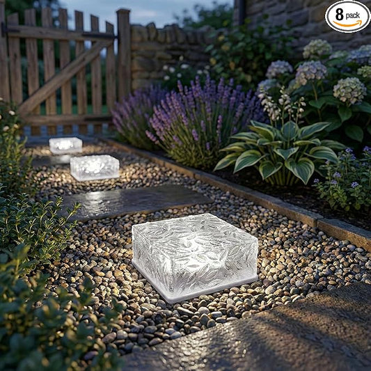 Solar Brick Lights Outdoor Waterproof - Recessed Solar Paver Lights, Ice Brick Design, No Wiring Needed,Landscape Lighting for Pathway,Garden, Patio, Yard, Driveway Decor (8, White, Square)