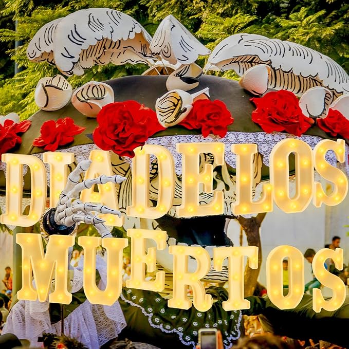 15 Pcs Day of The Dead Decorations Dia De Los Muertos Large LED Letter Signs LED Lights Battery Powered Table Decorations for Mexican Fiesta Party