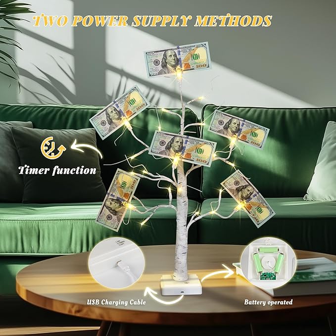 Woohaha 2FT Money Tree Gift Holder,24LED Lighted Birch Tree Table Centerpiece,Gift Card Tree Battery/USB Powered with 6 Clips and 6 Greeting Cards for Easter Decor,Party,Wedding,Birthday,Graduation