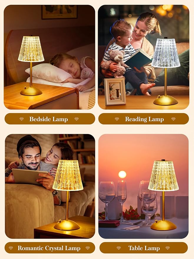 Valentines Gifts, Cordless Lamp, Crystal+Dimmable+3 Colors Rechargeable Lamp, Touch+2000mAh Battery Operated Vintage Ambient Light for Kitchen/Bedroom/Bathroom Shower, College Gifts for Teenage Girls