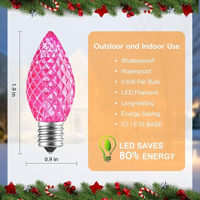 C7 Pink Christmas LED Replacement Light Bulb, C7 Shatterproof Replacement Bulbs for Outdoor Indoor String Lights, E12 Candelabra Base Pink Christmas Bulb for Xmas Holiday House Lighting Decoration