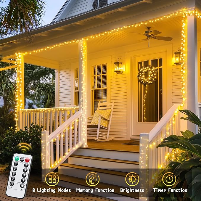 JMEXSUSS 2 Pack Battery Operated String Lights Outdoor Indoor, Total 66ft 200 LED Fairy String Lights with Remote, Warm White Battery Christmas Lights for Bedroom Room House Tree Porch Party Yard
