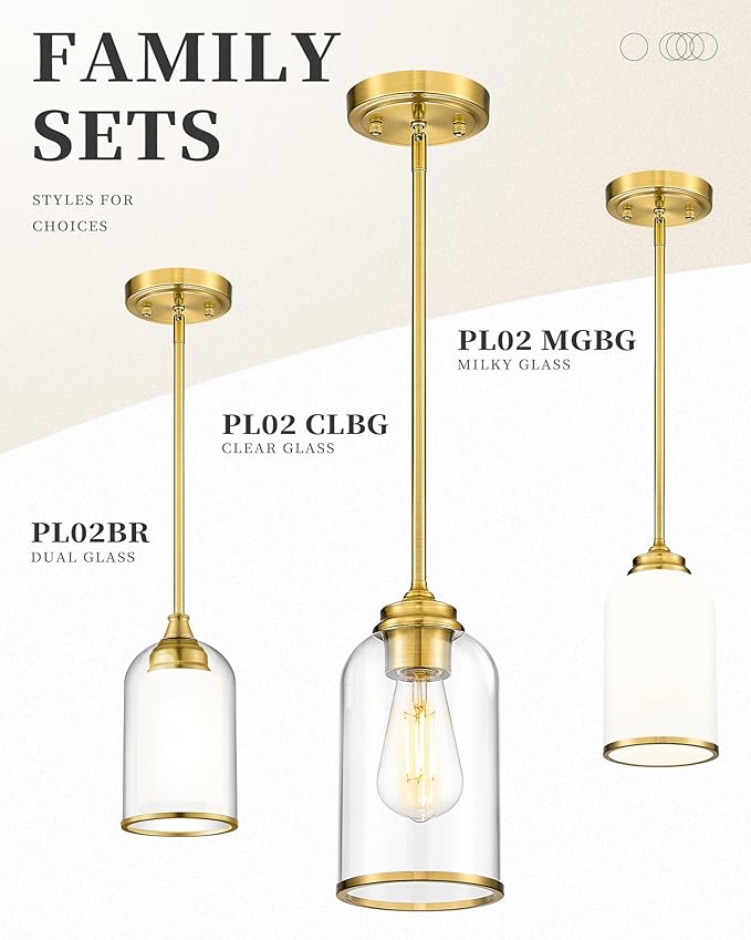 LIROUVET 2 Pack Pendant Lights, Vintage Hanging Lights, Brushed Gold Pendant Lights Kitchen Island with Clear Glass, Pendant Lighting for Dining Room PL02 CLBG-2PK
