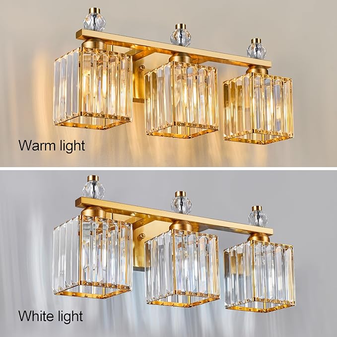 Bathroom Vanity Lights 3-Light Modern Crystal Vanity Light Gold Bathroom Light Fixtures Over Mirror Crystal Bathroom Vanity Lighting Fixtures