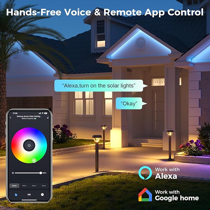 XMCOSY+ Solar Smart Pathway Lights, 150LM Solar Motion Lights Outdoor Waterproof with APP Control, Works with Alexa RGBCW Color Changing Garden Light for Yard Walkway Driveway Pathway, 6 Pack