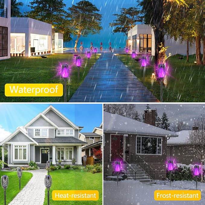 EOYIZW Solar Lights Outdoor, Halloween Decorations Purple Solar Tiki Torches for Outside, 12 Pack Torch Light with Flickering Flame Landscape Outdoor Lights for Yard Patio Garden