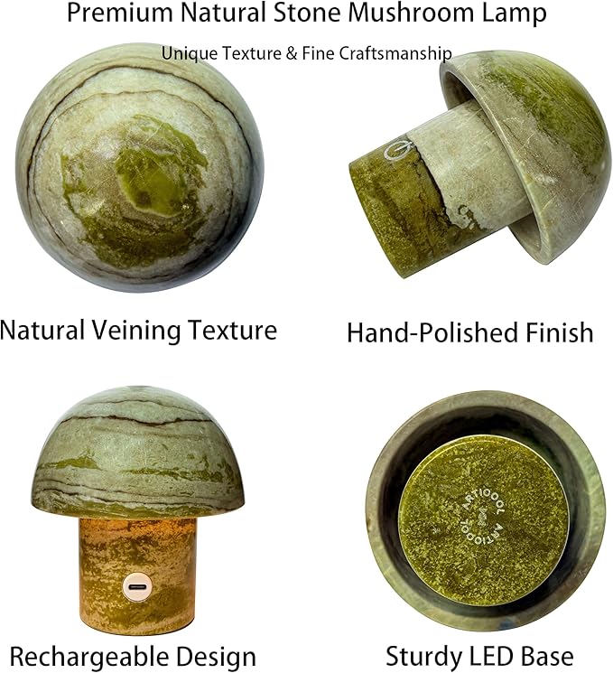 Natural Stone Mushroom Lamp - Jade Gemstone Night Light with LED, Touch Control 3 Brightness, USB Rechargeable Bedside Table Decor Gift