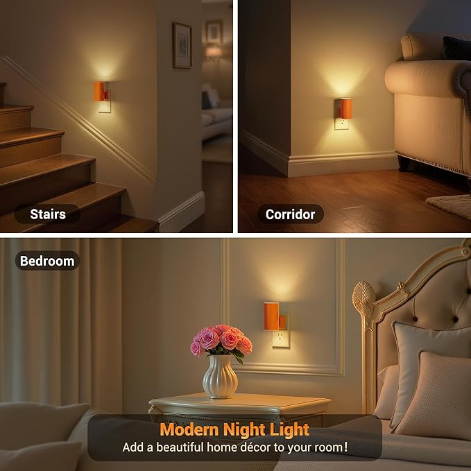 JandCase Night Lights Plug into Wall, Dimmable Night Light Plug in with Orange Shade, Modern Night Lights with Dusk to Dawn Sensor, Soft White 3000K, 0-100LM Nightlight for Hallway Bedroom, 2 Pack