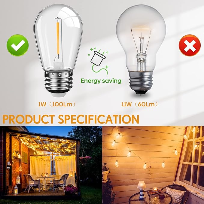 Mudder 60 Pack Halloween LED Light Bulbs 1w Replacement Light Bulbs S14 Shatterproof Waterproof String Lights Indoor Outdoor LED Lights Vintage Patio Bulb, E26 110v Regular Base (Warm White)