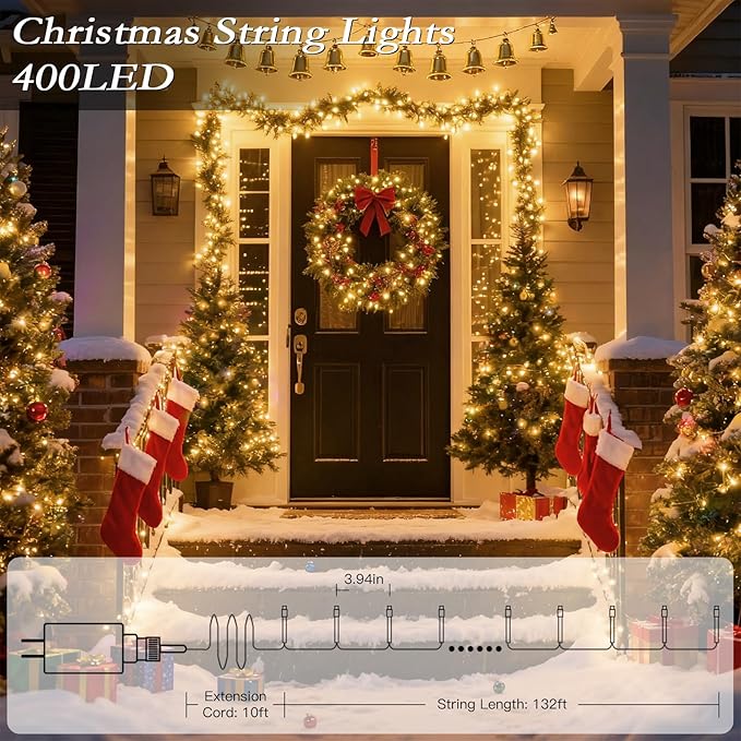 132FT 400 LED Christmas Tree Lights, Bright Warm White Outdoor Christmas String Lights for House, Fairy Lights with 8 Modes, Waterproof & Durable Indoor Outdoor Decor, Timer Included