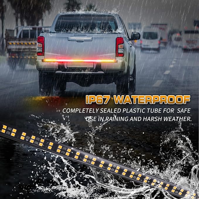 XRIDONSEN 60 inch Amber Red Truck Tailgate Strobe Lights Strip 360 LED Tail Light Bar Flashing Warning Hazard Safety Rear Emergency Lights for Tow Plow Trucks Construction Vehicles Pickup Trailer