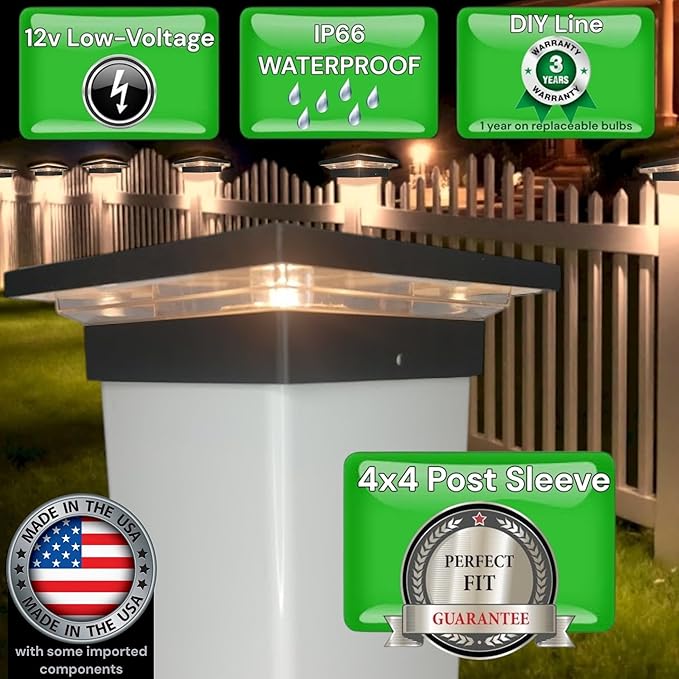 DekLights® DIY Line LED Lighted Post Cap for 4x4 Deck/Fence Posts. Wired 12volt Low Voltage with Replaceable LED Light Bulb. for Your Vinyl or Composite railings. Made in USA (B&W Cap 3000k Bulb)