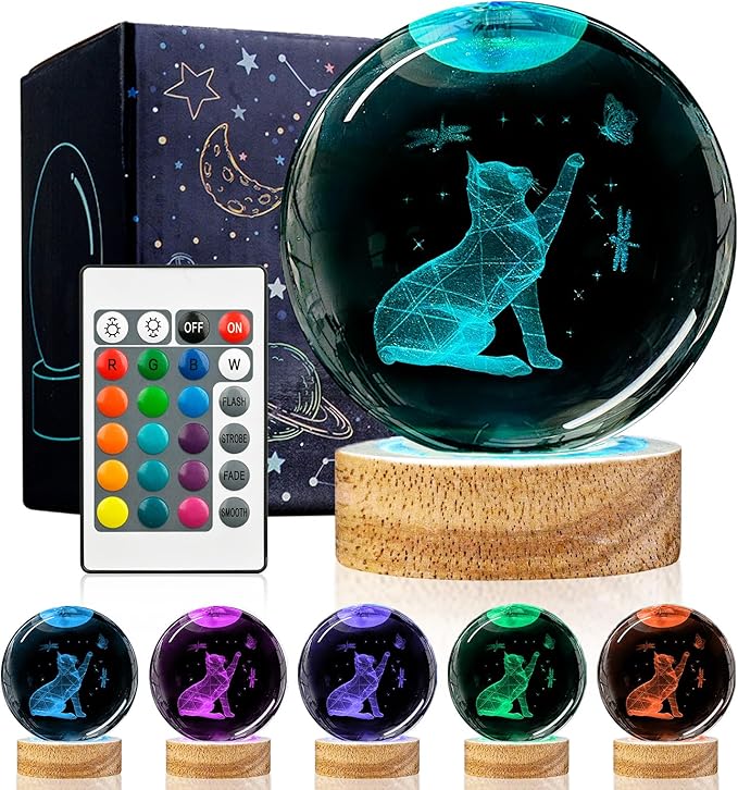 3D Cat Crystal Ball Night Light Cat Lover Gifts for Women Upgraded 3.15 In Cat Figurines Glass Ball Home Decor Lamps with 16 Color Cat Collectibles Snow Globes Gift for Girl Cat Lamp for Her Mom