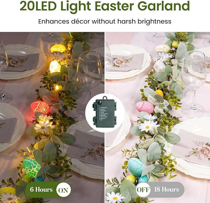 6FT Prelit Easter Garland with LED Lights & Timer, Battery Operated Easter Decorations with Daisies & Pastel Eggs, Artificial Lambs Ear Greenery for Mantle & Fireplace – Farmhouse Easter Egg Garland