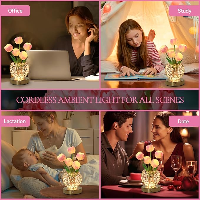 Tulip Flower Lamps, 3 Colors Touch Stepless Dimming Crystal Night Light, Rechargeable Artificial Flower Light, LED Flower with Vase Lamp Romantic Decor for Date Party Home (Tulip1 - Pink)
