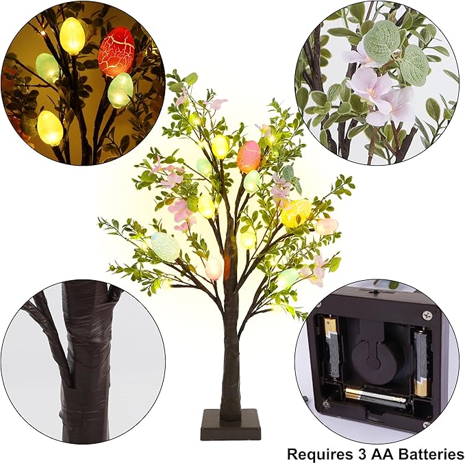 DR.DUDU Easter Decor Set of 2 Lighted 24 Inch Artificial Tree with Easter Eggs & Colorful LED Lights, Light Up Tabletop Bonsai Tree for Table Home Holiday Spring Decor