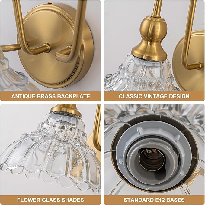 Vintage Bathroom Light Fixtures Over Mirror, 3-Light Brass Wall Sconce Lighting with Flower Glass Shade, Farmhouse Vanity Lights for Bedroom Kitchen Living Room Hallway Light