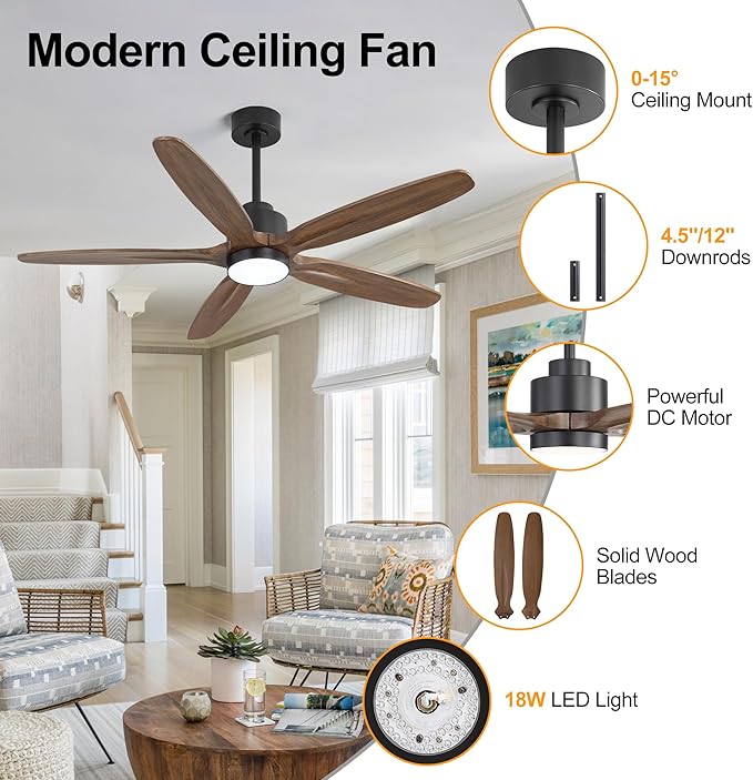 WINGBO 54" Ceiling Fan with Light - 5 Carved Solid Wood Blades, 6-Speed Reversible DC Motor, Dimmable, 3CCT, Noiseless Remote Control Ceiling Fans with Lights for Bedroom Living Room, Black and Wood