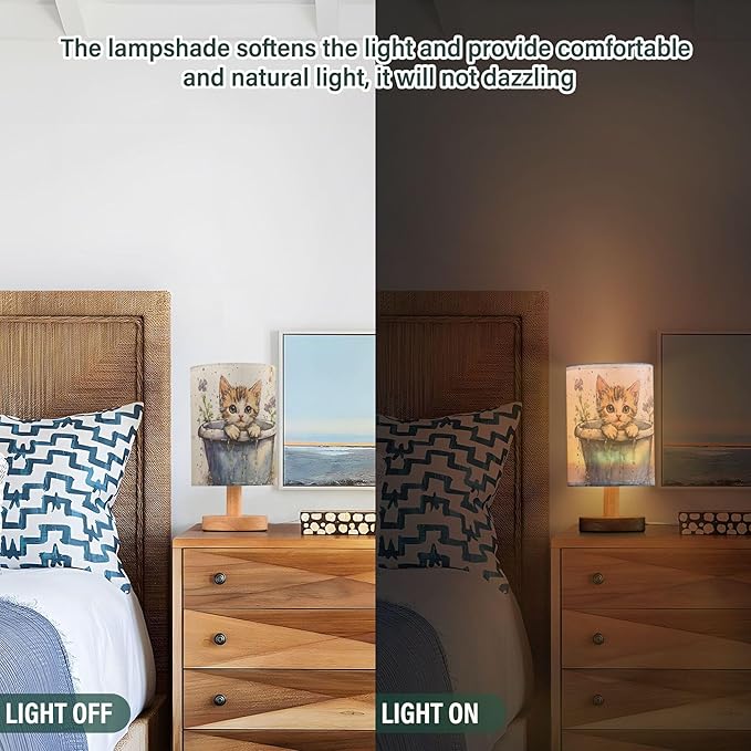 Watercolor Kitten Cat in Tub Table Lamp with Wood Base Fabric Lamp Shade Bedside Nightstand Desk Lamp for Living Room Bedroom Kids Room Office