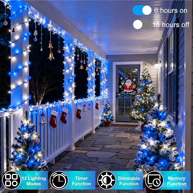 340 LED 90FT Christmas String Lights Outdoor, 12 Pro Modes and Timer Memory & Brightness, Plug in Waterproof Dark Green Wire Twinkle Light for for Xmas Yard Tree Wedding Party Decor (Blue & White)