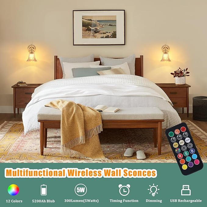 Battery Operated Wall Sconce Set of 2, Vintage Rechargeable Wall Lights with Amber Morning Glory Glass Shade, Wireless Indoor Wall Lamp with Remote for Bedroom Living Room Bathroom