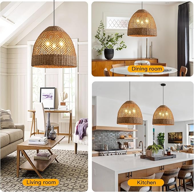 19” Large Rattan Pendant Light Fixture,3 Light Boho Handmade Woven Wicker Rattan Ceiling Farmhouse Chandelier for Kitchen Island Dining Rooms, Corridors, and Entrance Halls.