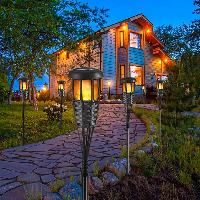 Flickering Flames Torch Solar Lights Handmade Bamboo Outside Flame Lighting Waterproof for Path, Garden, Outdoor Decoration