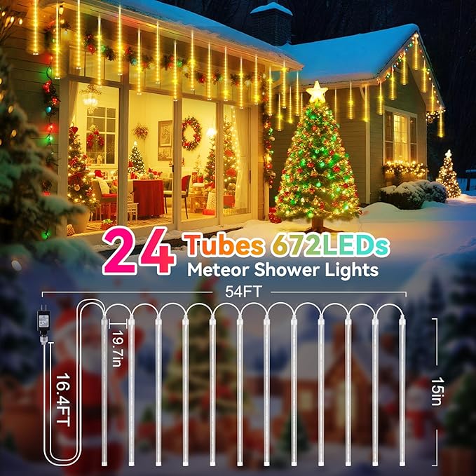 KNONEW Christmas Lights Outdoor, 15 inch 24 Tubes 672 LED Meteor Shower Lights Plug in Waterproof Falling Rain Light for Xmas Tree Wedding Party Garden Holiday Rooftop Decorations (Warm White)