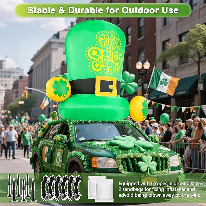 St Patricks Day Inflatables Outdoor Decorations 5FT Green Leprechaun Hat Blow Up Yard Car Roof Saint Patrick's Hats with Shamrock Party St. Pattys Inflatable Holiday Garden Patio Décor