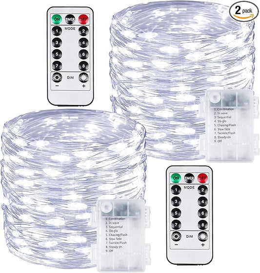 2 Pack 100LED Battery Operated Fairy Lights with Remote, 8 Modes LED String Lights with Timer, Dimmable, Memory Function, Waterproof Twinkle Lights for Outdoor Indoor Christmas Decor(Cool White)