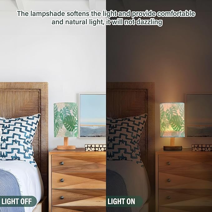 Monstera Leaf Tropical Leaves Jungle Foliage Table Lamp with Wood Base Fabric Lamp Shade Bedside Nightstand Desk Lamp for Living Room Bedroom Kids Room Office