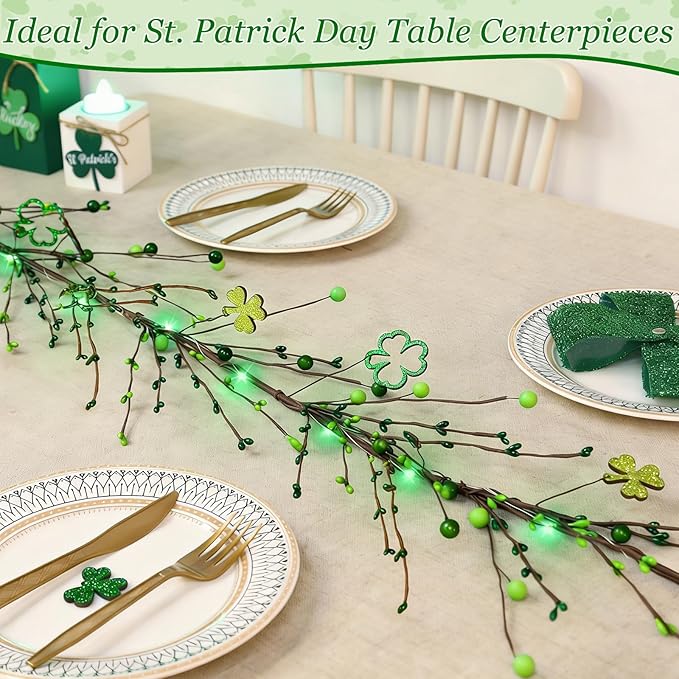 Timer - Lighted St Patricks Day Garland St Patricks Day Decorations, 6 Ft Shamrock Garland with 20 Green Lights Berried Artificial Clover Garland Irish St. Patrick's Day Decor for Home Mantle Table