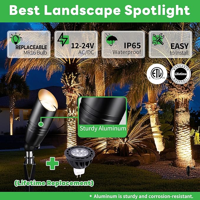 Landscape Spotlights, Black Low Voltage LED Outdoor Lighting, IP65 Waterproof Aluminum uplight for Yard House Porch with 5W MR16 Bulb 2700K 12 Pack