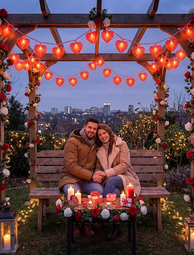 Valentine’s Day Red Heart String Lights, 12FT Plug-In Connectable Fairy Lights with 20 LED Glitter Heart Bulbs, Romantic Indoor Outdoor Decor for Wedding, Party, Window, Anniversary, Christmas