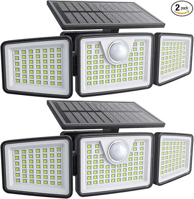 2500LM Solar Lights Outdoor with Motion Sensor,3 Head 270° Wide Angle Street Area Lights,IP65 Waterproof Security Lighting with 3 Modes(Remote,2 Pcs)