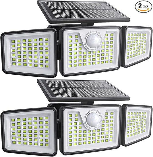 2500LM Solar Lights Outdoor with Motion Sensor,3 Head 270° Wide Angle Street Area Lights,IP65 Waterproof Security Lighting with 3 Modes(Remote,2 Pcs)