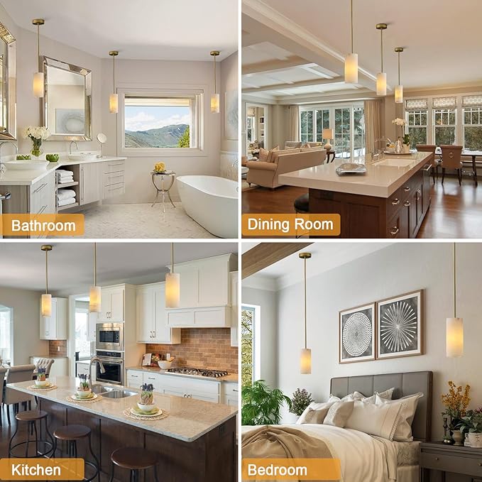 Alabaster Pendant Light for Kitchen Island, H-9.5in Modern Brass Hanging Light Fixture with Natural Alabaster Stone Shade, Adjustable Pendant Lighting Over Sink, Dining, Bar, Counter