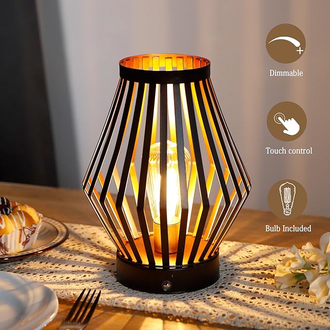 JHY DESIGN Set of 2 Dimmable Bedside Table Lamp 8.5''H Rechargeable Metal Cage Lantern with LED Edison Style Bulb Cordless Accent Lamp for Weddings Parties Patio Events for Indoors Outdoors