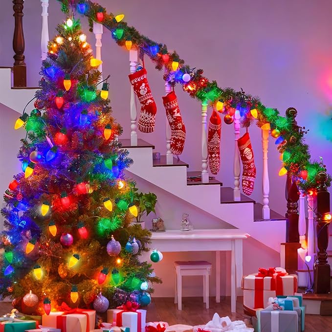 100LED C7 Christmas Lights Battery Operated Outdoor with 8 Mode Remote Control, 2 Sets 27.5FT 50 Twinkle Big Christmas Lights for Colored Xmas Tree, Home Garden Patio Decorations