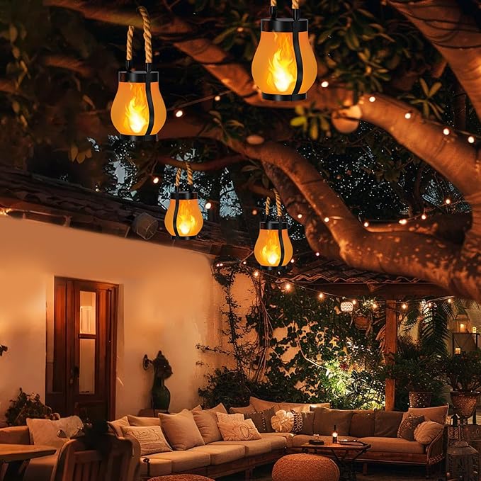 Hompavo Gen2 Solar Lanterns Outdoor with Ultra-Real Flame, Dual Charging (USB/Solar) & 2 Modes - Waterproof Decorative Hanging/Table Lights for Yard Patio Garden Gift Halloween Christmas Decoration, 2