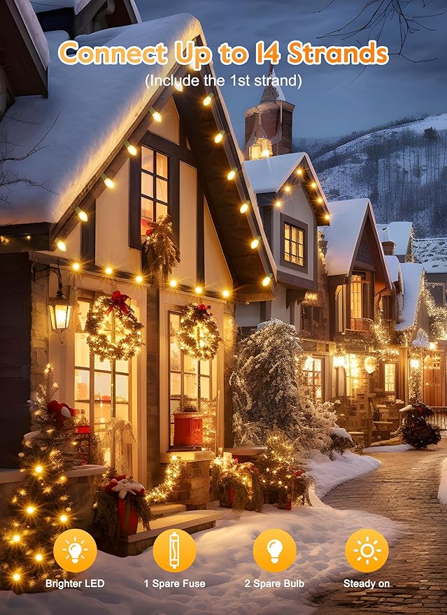 Vintage C9 LED Christmas Lights Outdoor, 100 Feet C9 String Lights with 50 Shatterproof C9 Bulbs, Waterproof Connectable Christmas Tree Lights for Outside Roofline Patio Xmas Decorations, Warm White