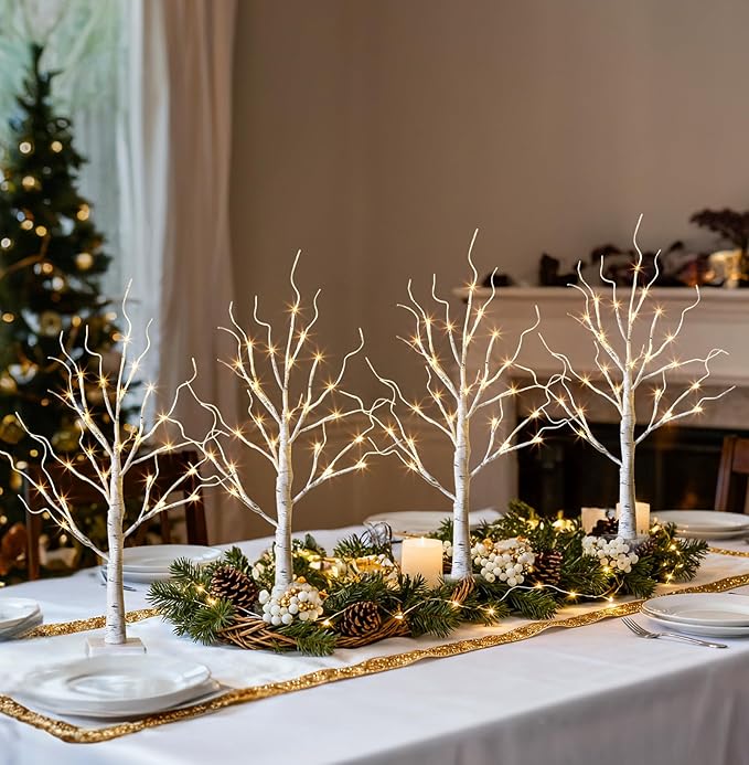 EAMBRITE Home Decorations Light Up White Birch Tree Indoor Christmas Decor, 4 Pack Battery Operated/USB Lighted Tabletop Money Tree Lamp Led Lights Xmas Wedding Centerpiece Table Room (2 Ft)