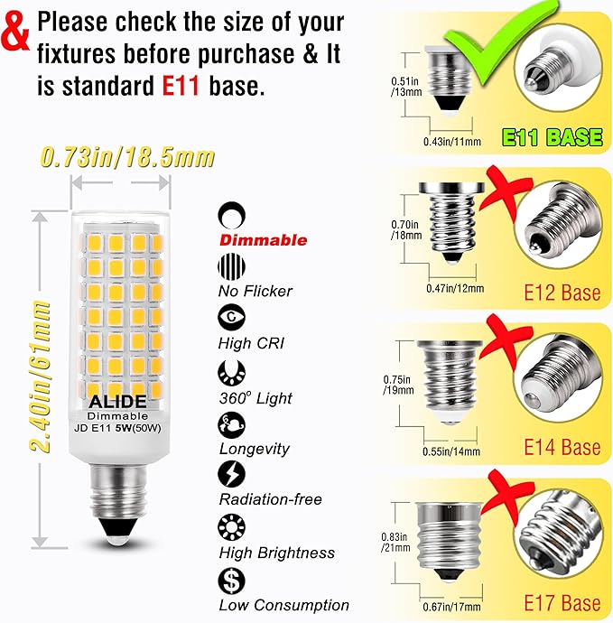 E11 Led Bulbs Dimmable 120V 50W Halogen Equivalent, T3 T4 Mini Candelabra Base JDE11 Led Bulb, 4000K Natural White 5W 500lm E11 Bulb for Chandeliers,Ceiling Fan, Table Lamps, Cabinet Lighting,4Pack